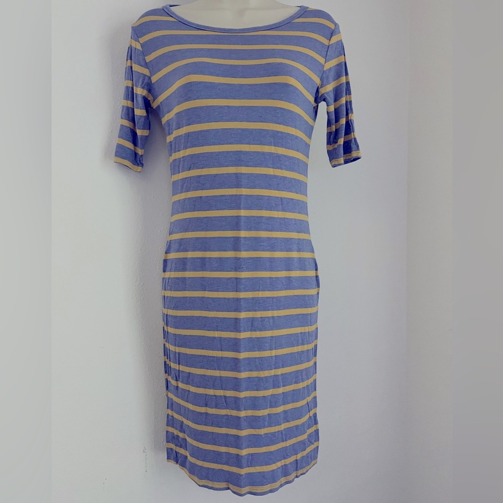 LuLa Roe XS MIDI stretch dress in grayish blue with yellow stripes..Women’s SZ